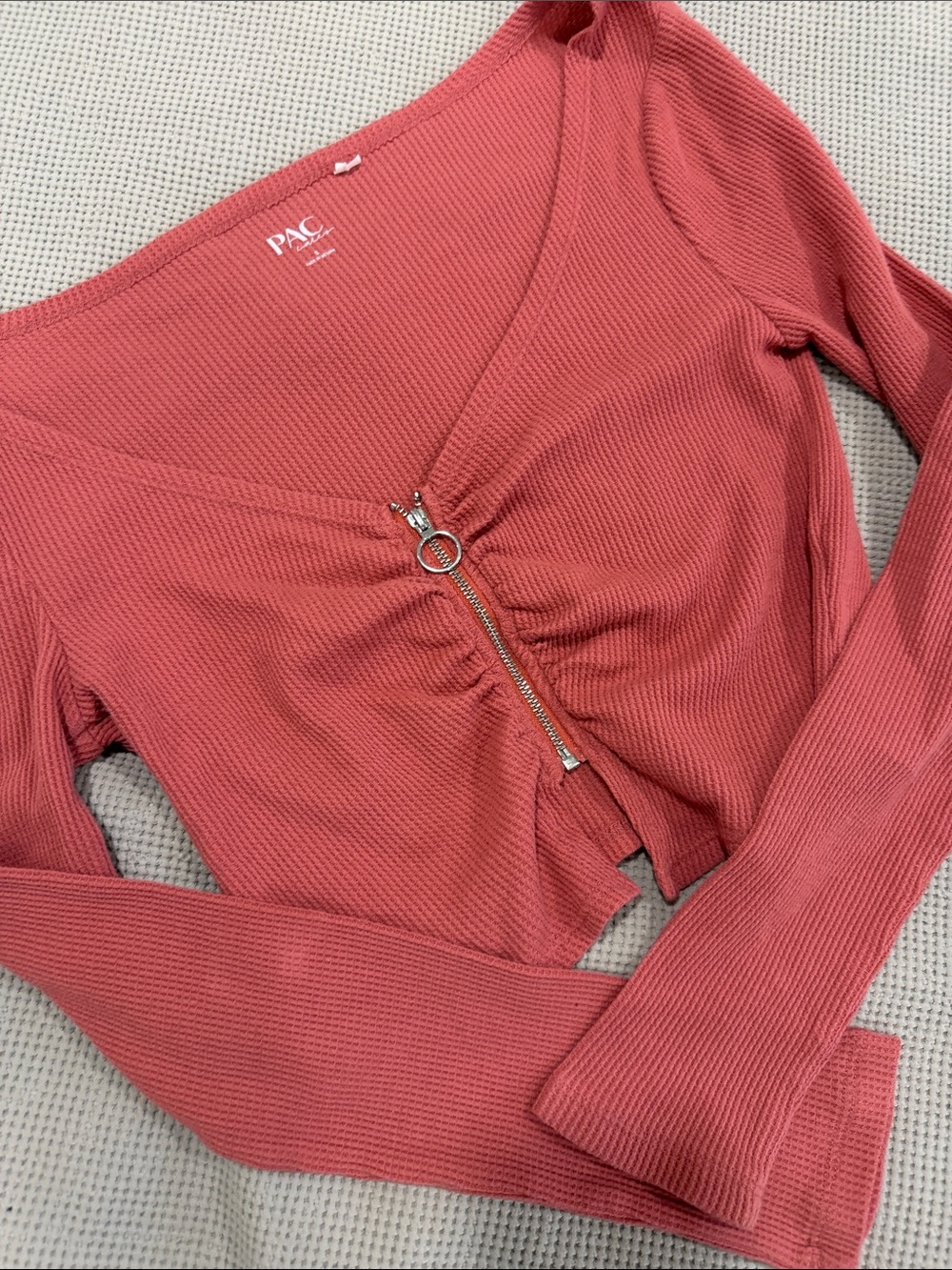 Women’s Rust Pink Ribbed Zip-Front Long Sleeve Top
